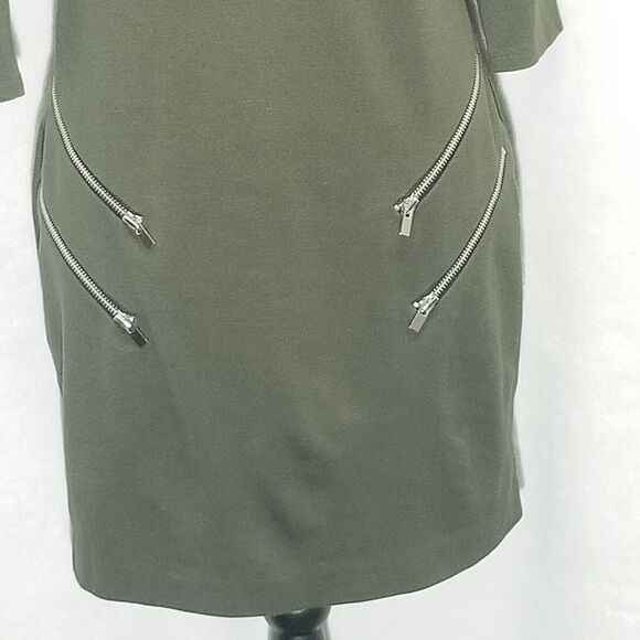 Express Medium Sheath Dress Double Zip Olive Green Ponte Knit 3/4 Sleeve Edgy - Picture 2 of 9